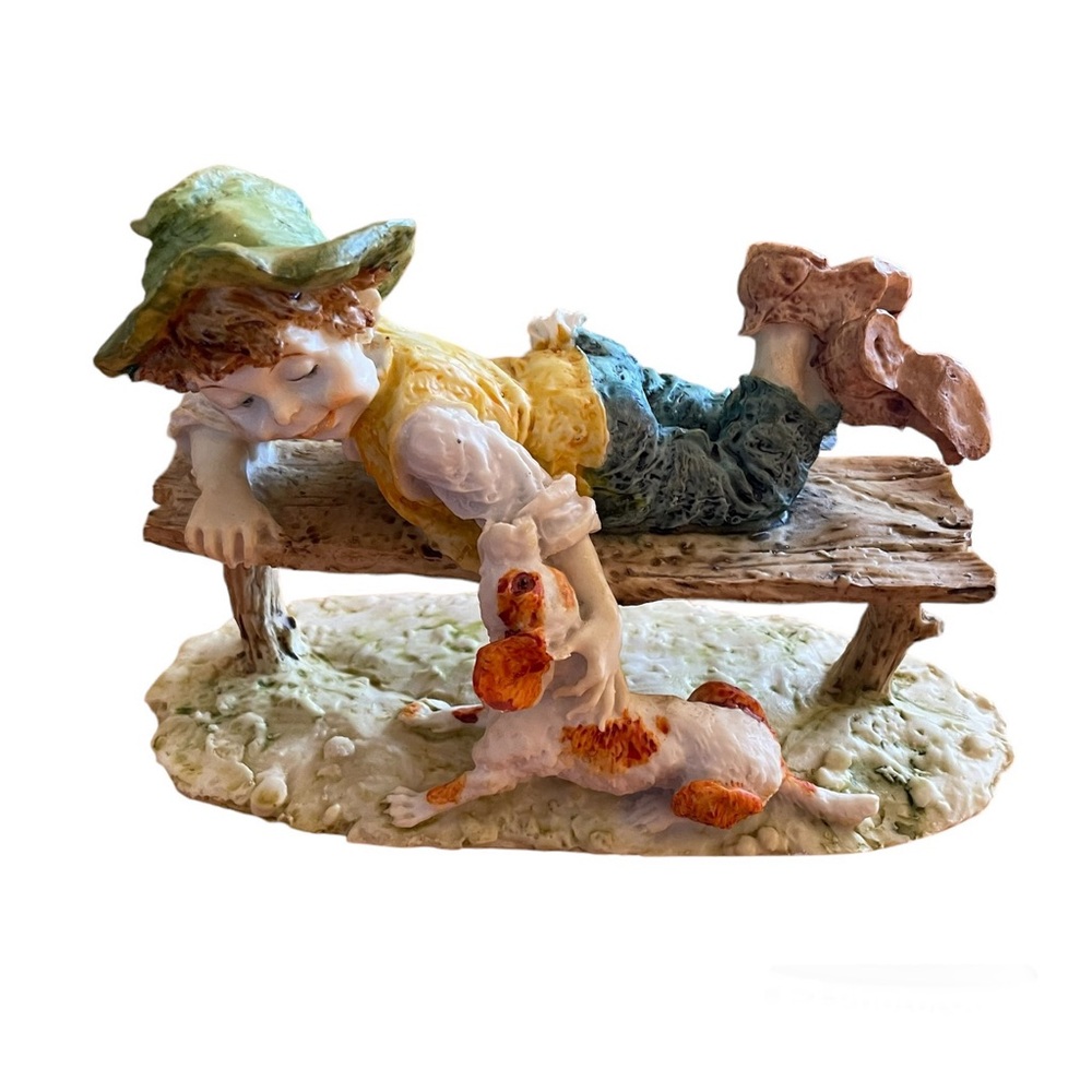 Vintage 1990s Resin Figurine Sculpture Boy On Bench With Dog